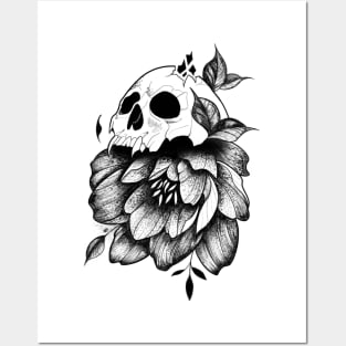 Skull And Flower (black version) Posters and Art